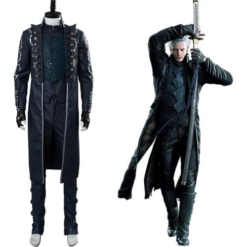 DMC 5 Vergil Cosplay Costume Leather Coat Jacket Outfit Aged Uniform Adult Men Halloween Carnival Costumes