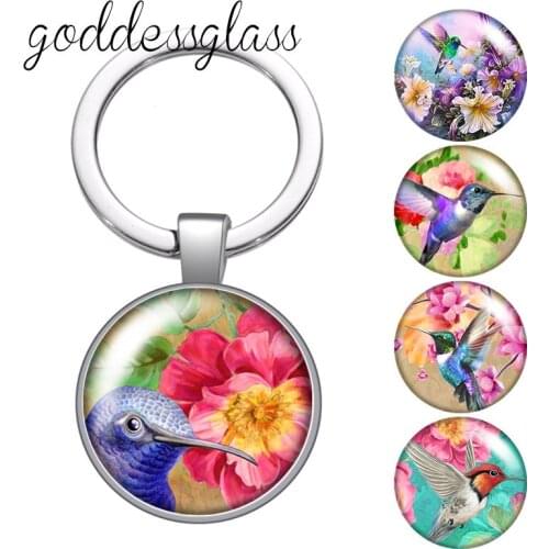 Beauty Flower Birds Hummingbird Round glass cabochon keychain Bag Car key chain Ring Holder Charms keychains for gift