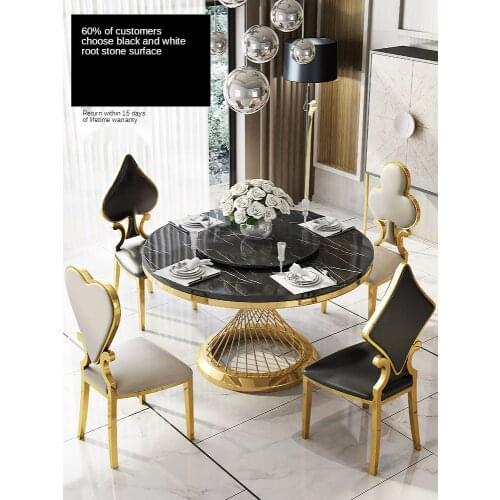 Marble dining table and chair combination light luxury Nordic stainless steel household round turntable small family table