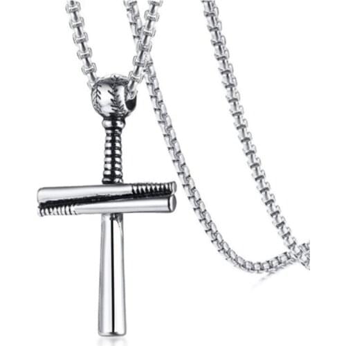Baseball Bat Cross Pendant for Men Stainless Steel Necklace Punk Religious Male Jewelry Sport Lover Ornaments