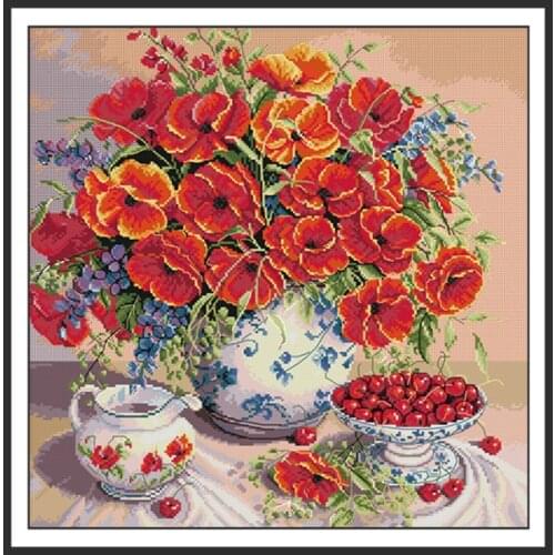 Poppy and Cherry Patterns DIY Needlework Sets Cross Stitch Kit 14CT Printed Fabric 11CT White Cloth Full Embroidery Kits Crafts