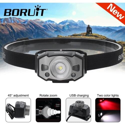 BORUIT B33 LED Zoomable Headlamp USB Hand Wave Sensor Headlamp White Red Light Head Light Torch Lamp Camping Hiking Headlamp