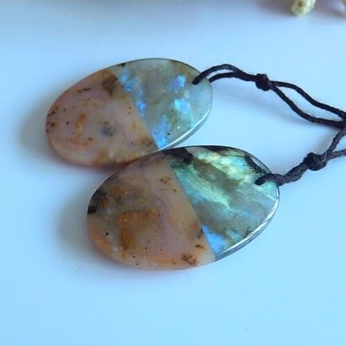 Natural Gemstone Pink Opal with Labradorite intarsia fashion woman Earring Beads pair Birthday gift,30x20x5mm,8.1g