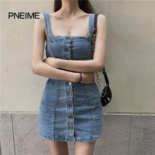 PNEIME New Woman Retro Waist Dress Temperament Sexy Denim Strap Skirt Woman Student Slim and Thin A-line Bag Hip Suspender Dress