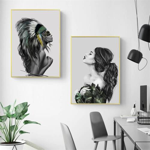 Posters and Prints Feather Woman Pictures Women Indians Oil Painting Canvas Wall Art Pictures for Living Room Home Decoration