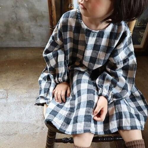 5307 Classic Plaid Kids Girls Dress Long Sleeve Korea Japan Loose Dress Fashion Cotton Hemp Baby Autumn Childrens Clothing