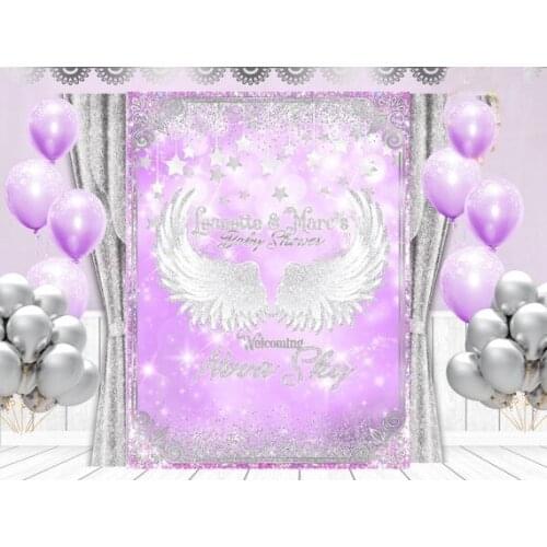 Custom Heaven Sent Wings Silvery Star Sparkly Baby Shower Purple background Computer print party backdrop