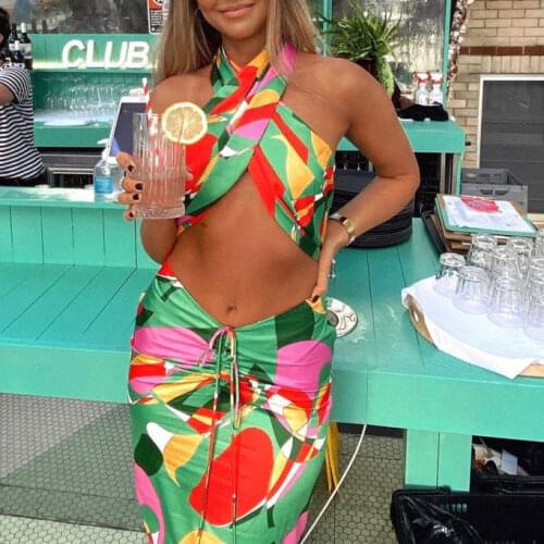 Two Piece Swimsuit For Women Design Tops And Drawstring Skirt Swimwear 2021 Summer New Colors Print Beachwear Sexy Female Bikini