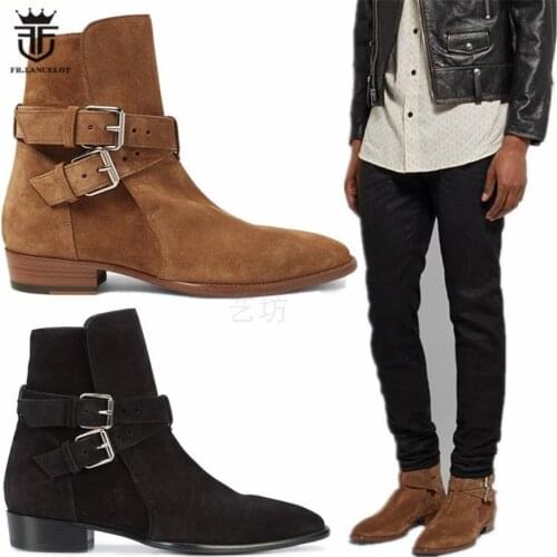Handmade waytt luxury buckle strap suede Boots wedge pointed toe handmade shoes real leather slip skinny denim boots