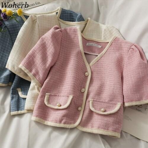 Woherb Korean Vintage Women Plaid Coat Summer Short Sleeve V-neck Single Breasted Pockets Ladies Fashion Jacket Tops Femme 2021