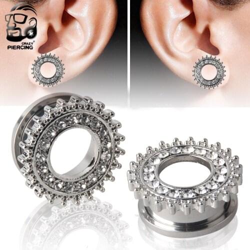 316L Steel Ear Gauge Plug Body Piercing Jewelry Gearwheel Crystal Ear Tunnel Expander 2 pcs/lot Size from 6mm to 20mm
