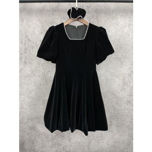 New ladies fashion 2021 bubble short sleeve square neck beaded flower headband dress 0112