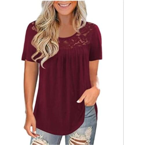 Summer T Shirt Women New Summer 2021 Lace Stitching Pleated Blouse With Short Sleeves Female Tee Tshirts Dropshipping BYT2112