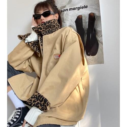 Two-sided jacket women spring and autumn all-match new Korean loose retro leopard print tooling jacket