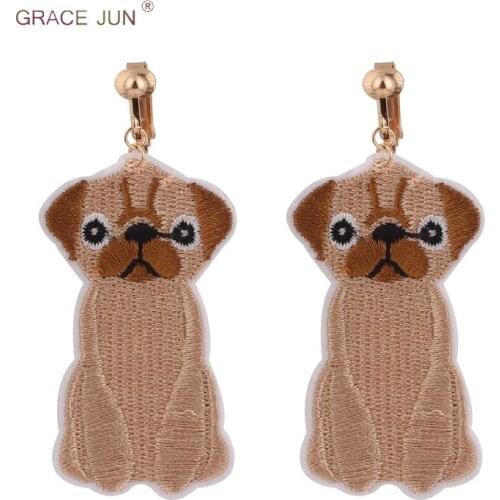 GRACE JUN Clip on Earrings No Pierced for Women Big Vintage Dog Shape Cloth Ear Clip Charm Jewelry Animal No Hole Earrings New