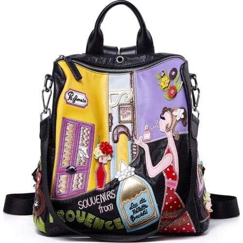 Women Leather Patchwork Embroidery Backpack Schoolbag Travel Bag Totes Braccialini Brand Style Handicraft Cartoon Perfume Girl