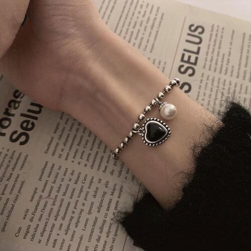 925 Sterling Silver Love Heart Pearl Bracelet for Women Vintage Black Adjustable Bracelet Jewelry