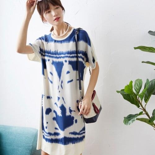 Silk Patchwork Blended Dress Women Casual Style Fixed Position Printing O Neck Short Batwing Sleeve Straight Dresses Elegant New