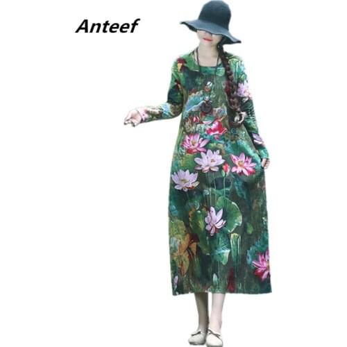 Long sleeve cotton linen vintage floral dresses for women casual loose spring autumn woman dress elegant clothes 2021