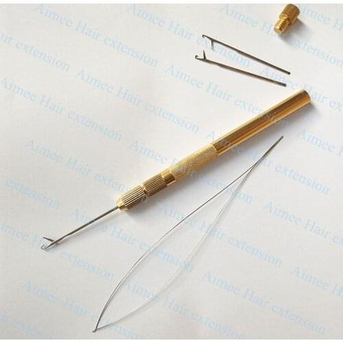 1pcs Golden Handle Pulling Needle for Micro Rings Links Loop Hair Extension Tools 3 needles + 1 steel wire