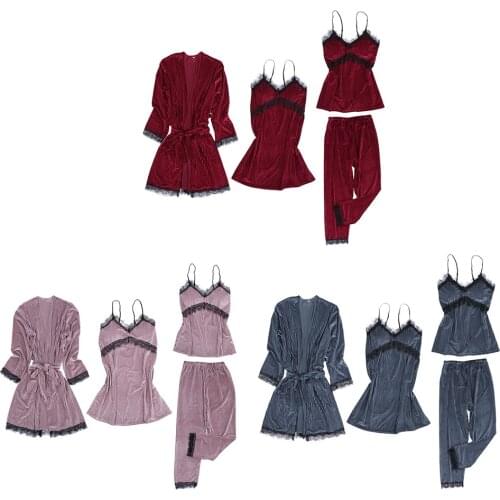 4x Women Dressing Gown Robe Trousers Nightdress Set Non-Slip Plush Nightwear