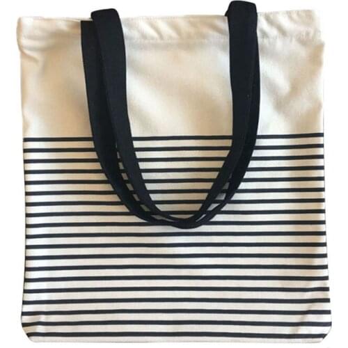 8PCS / LOT Zippered Small Stripe Casual Shoulder Bag Women Canvas Shopping Bag Folding Printing Tote Storage Bag