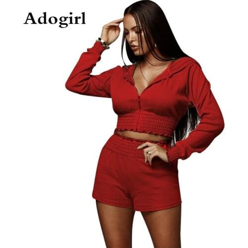 Adogirl Women Solid Hooded Two Piece Set Zipper Long Sleeve Hooded Sweatshirts Elastic Hem + Shorts Casual Suit Sporting Outfits