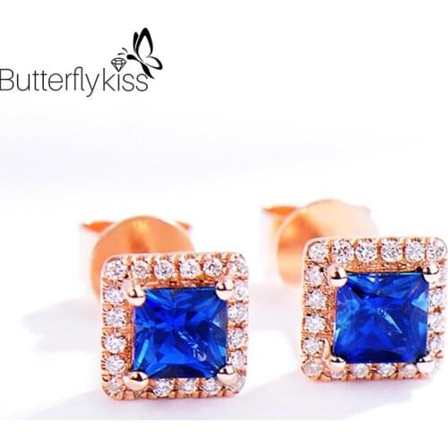 BK 18k Rose Gold Sapphire Stud Earrings For Women Square Natural Blue Gemstone 1.51g Genuine Gold 585 Simple Engagement Jewelry