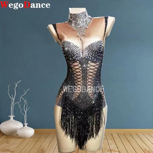 Sparkly Crystals Black Fringes Leotard Bling Stage Dance Performance Outfit Nightclub Party Birthday Wear Show Clothes