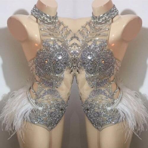 Flash Rhinestones Feathers Bodysuit Sexy Mesh See-through Sleeveless Backless Bodysuits Nightclub Dance Costume DJ DS Stage Wear