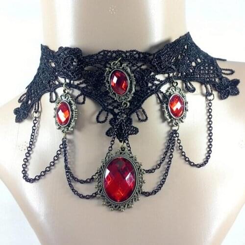 Ornate Black Lace Collar red Crystal Chain Pendant Necklace Prom Jewelry For Women