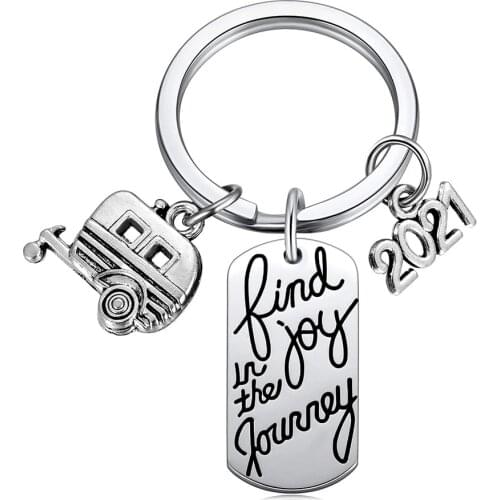 2021 Find Joy In The Journey Keychain Happy Camper RV Trailer Key Chain Enjoy Retirement Keyring for Boss and Coworker Gifts