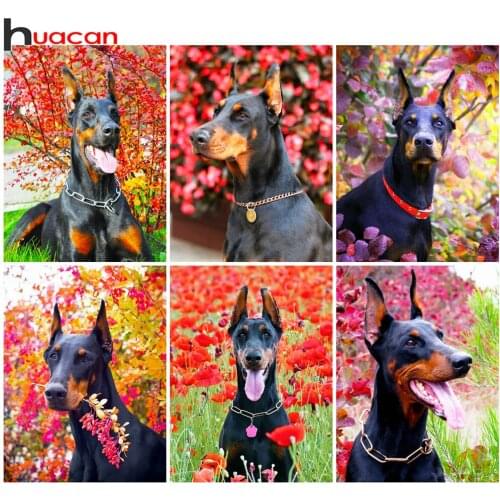 Huacan Diamond Painting Full Drill Doberman Dog Wall Sticker Diamond Embroidery Animal Flower Tree Mosaic Decor Home