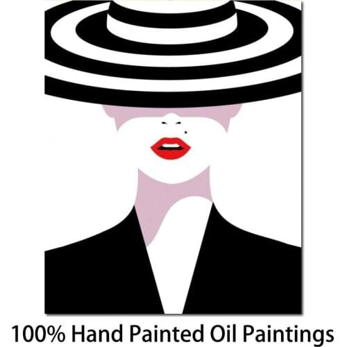 Canvas art oil women portrait painting Black And White Lady with hat impressionist artwork for bedroom decor