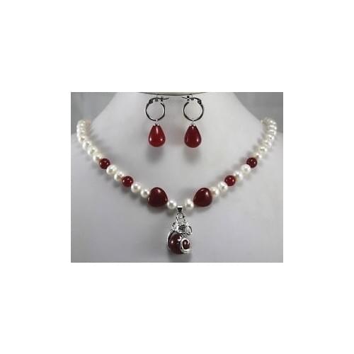 Fashion 7-8mm Freshwater White Pearl Red Jade Necklace Earring Dragon Inlay Jewelry Set