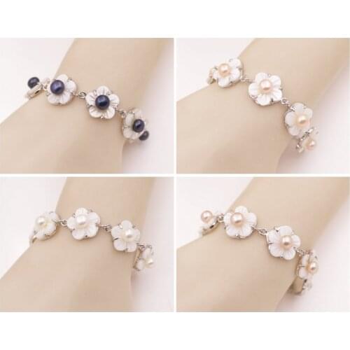 Beauty Real pearl metal chain bracelet Pretty 15mm white shell flower 8" Choose Color White Pink Purple Black
