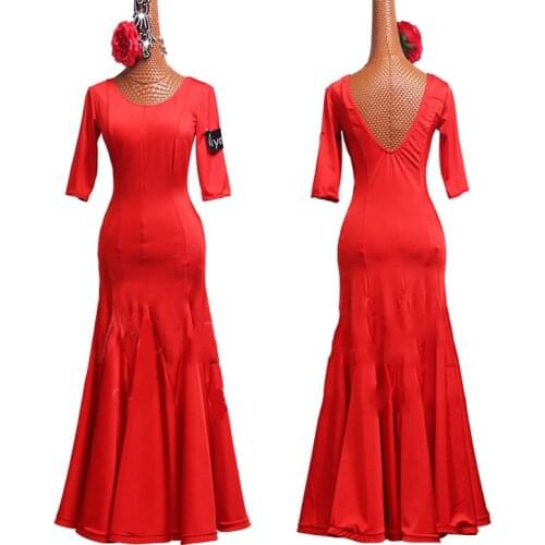 Red Dress For Ballroom Dance Competition Women Dance Wear Long Dress Round Neck Tango Dress Prom Party Waltz Dance Clothing I231