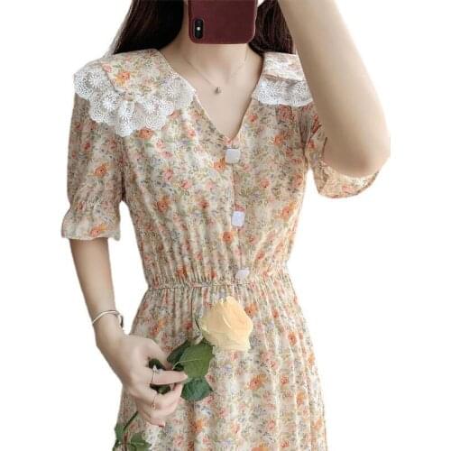 Doll Collar Floral Print Dress Women Summer French Elegant Elastic Waist Slim Lace Stitching Midi Princess Dresses Female LR1433