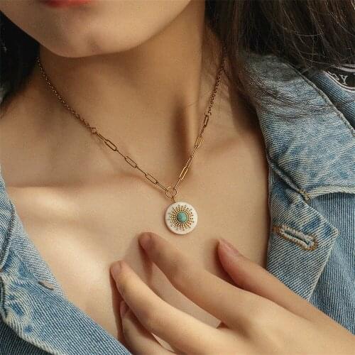 316L Stainless Steel Fashion Sunflower Turquoise Shell Lady Pendant Necklace No Fade