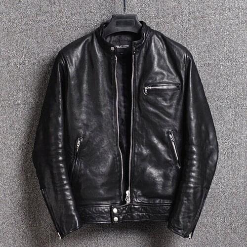 Mens italy sheepskin vintage genuine leather jacket japanese fashion slim fit motorcycle jacket Wrinkle biker leather coat male