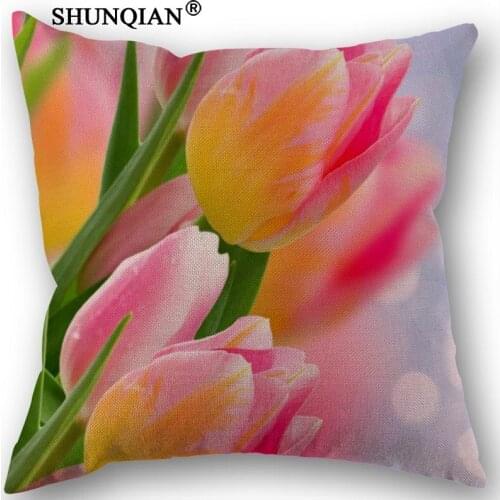 Custom tulip flower Cotton Linen Square Zippered Pillow Cover For Office,Family Customize Your Picture 45x45cm