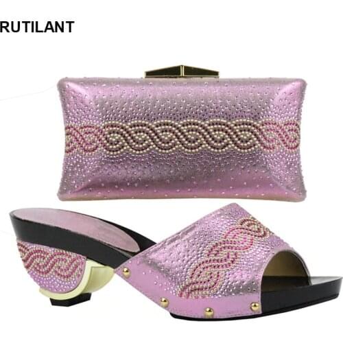 New Pink Color Shoes and Bag Set Decorated with Rhinestone Nigerian Shoes and Bag Set for Women Italian Women Shoes and Bag Set