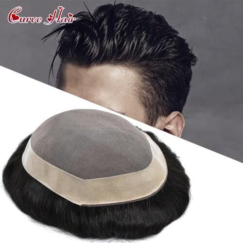 Mens Wig Hight Quality Human Remy Hair Fine Mono Lace Poly Coating All Around Hair System Men Replacement Hairpiece Easy To Wear