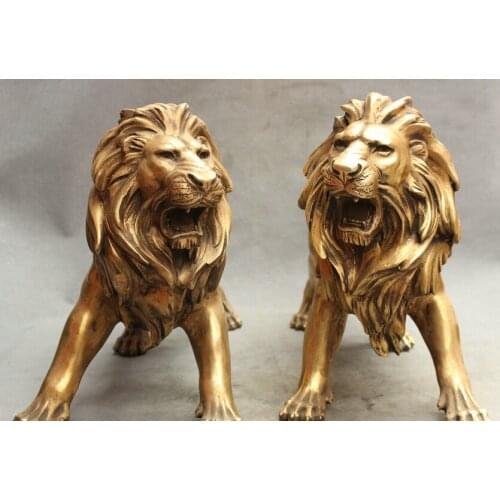 Song voge gem S2594 22" Folk Chinese Brass Wealth Lion Head Statue FengShui Guard Sculpture Pair
