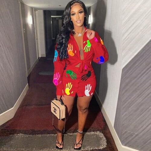 Rainbow Hands Printing 2 Two Piece Skirt Set Womens Suit Long Sleeve Blouse Shirts and Buttons Up Sheath Skirt Party Clubwear