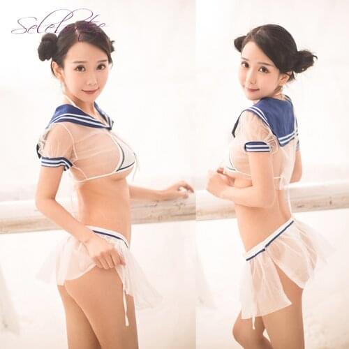 School Girl Uniform Sailor Navy Crop Top Cosplay Clothes Transparent Sheer Crop Tops And Side Slit Skirt Role Play Sexy Costume