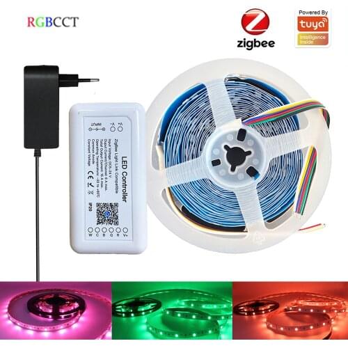 Tuya Zigbee 5M Led Strip 5050SMD RGBCW RGB+CCT Flexible Band Dimmable Light 12V Power Echo Plus Voice Control f H*ue SmartThings