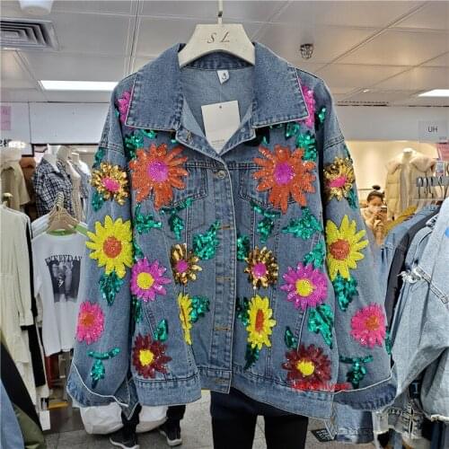 Heavy Work Sequin Flowers Loose autumn Harajuku Denim Jacket Women Vintage Blue Jeans Jacket Casual Jaqueta Jeans Feminina
