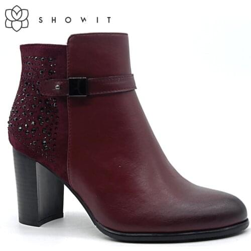 Women shoes fall-winter season womens ankle boots High Square heel with strap high quality faux leather and diamonds lady shoes