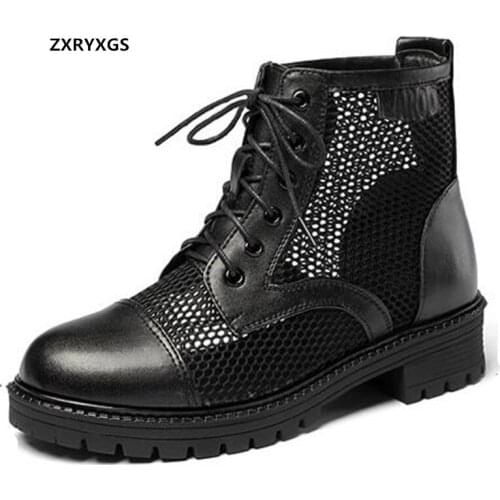 2021 New Top Cowhide Mesh Round Head Summer Boots Women Sandals Large Size Thick-heel Martin Boots Leather Shoes Fashion Sandals